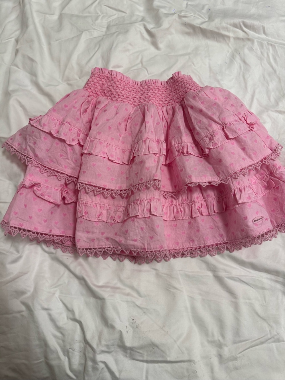 Love Shack Fancy American Girl Pink Ruffled Tiered Mini Skirt